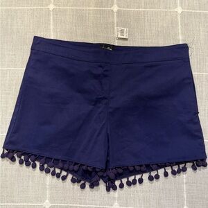 High Waist Blue Shorts with Playful Pom-Pom Trim